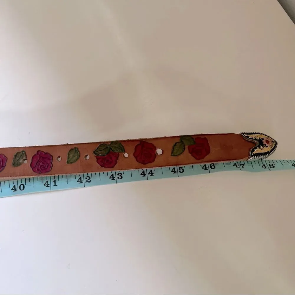 Western Belt Stamped Leather Personalized Margine Roses Cowgirl Rodeo Size XL